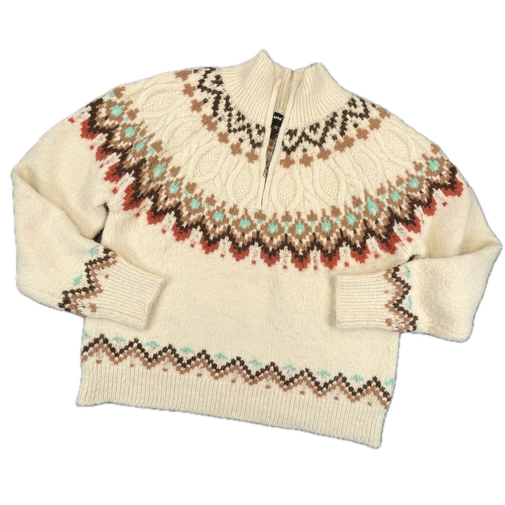 RD Style Fair Isle Cable Knit Sweater XXL Cream Ski Cozy Nordic Mountain Cabin